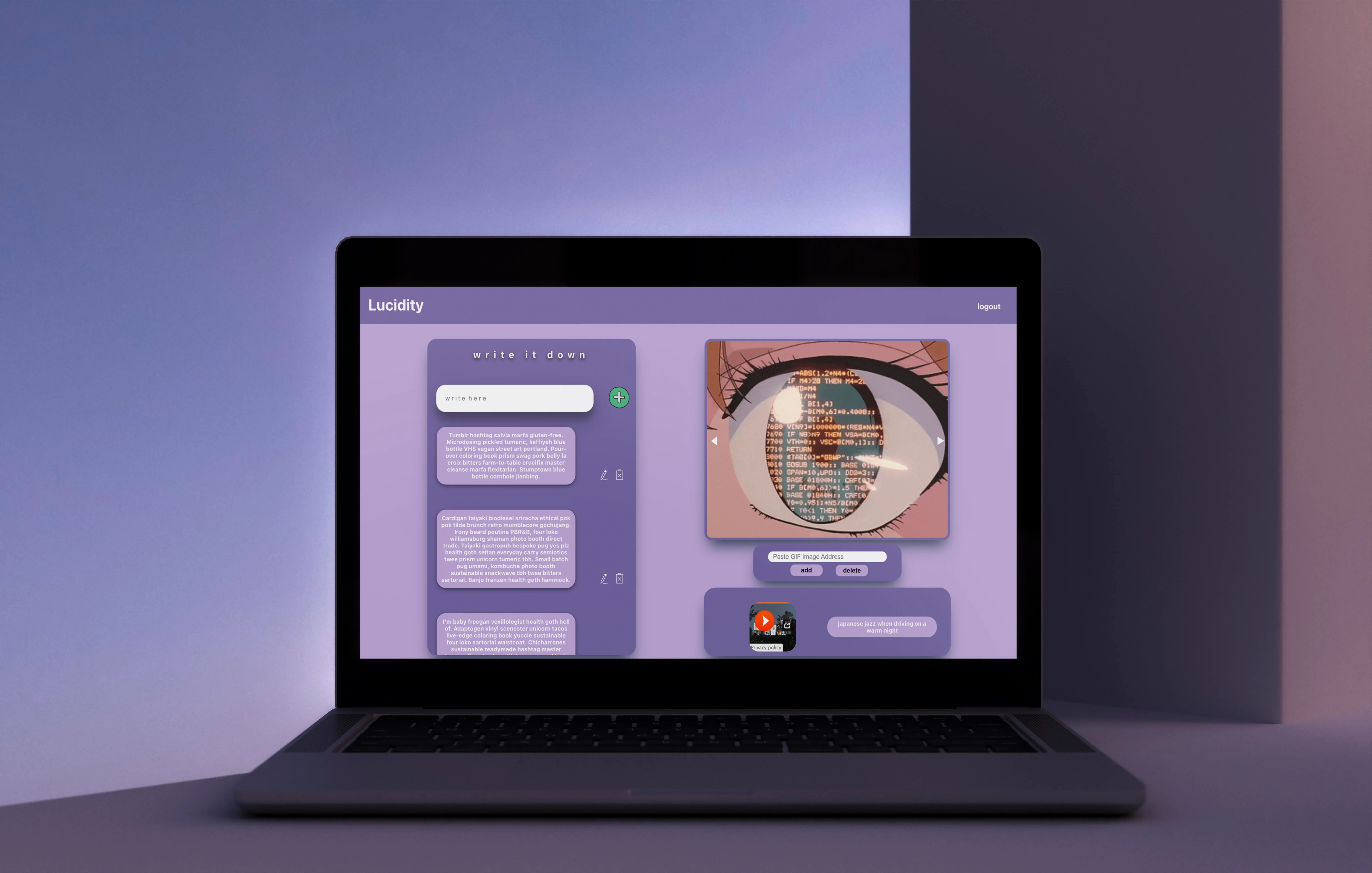 macbook rendering of Lucidity project